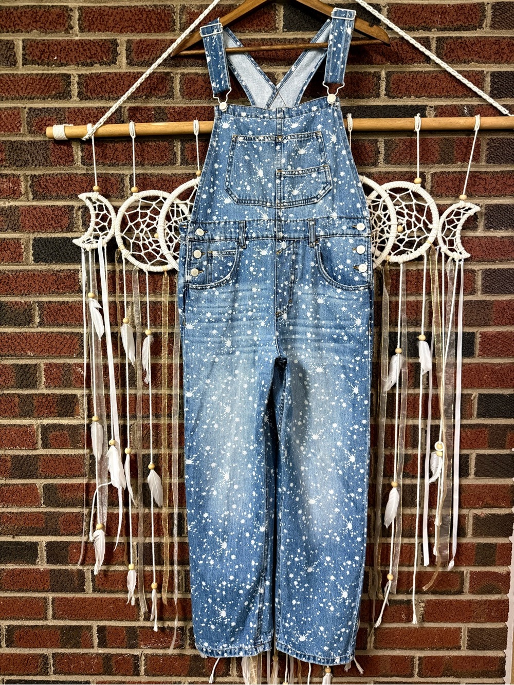 We The Free Blue Denim Paint-Splatter Overalls